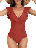 Women’s Ruffle Criss-Cross One-Piece Swimsuit with Tummy Control