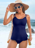 Scallop Trim Tankini Set Tummy Control Two-Piece Swimsuit for Women