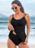 Scallop Trim Tankini Set Tummy Control Two-Piece Swimsuit for Women