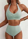 Women’s High-Waisted Halter Bikini Set with Striped Patch Pocket Design