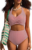 Women’s High-Waisted Halter Bikini Set with Striped Patch Pocket Design
