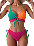 Women’s Color-Block Bikini Set with Tie-Front Top & High-Waist Bottoms