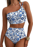 Women’s One-Shoulder High-Waist Bikini Set with Floral Print & Tummy Control