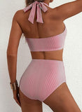 Women’s High-Waisted Halter Bikini Set with Striped Patch Pocket Design