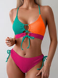 Women’s Color-Block Bikini Set with Tie-Front Top & High-Waist Bottoms