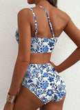 Women’s One-Shoulder High-Waist Bikini Set with Floral Print & Tummy Control