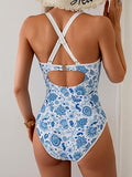 Women’s V-Neck One-Piece Swimsuit with Double Straps & Crisscross Back