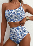 Women’s One-Shoulder High-Waist Bikini Set with Floral Print & Tummy Control