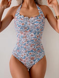 Women’s Vintage Halter One-Piece Swimsuit with Scallop Trim & Tummy Control