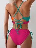 Women’s Color-Block Bikini Set with Tie-Front Top & High-Waist Bottoms