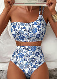 Women’s One-Shoulder High-Waist Bikini Set with Floral Print & Tummy Control