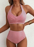 Women’s High-Waisted Halter Bikini Set with Striped Patch Pocket Design