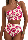 Women’s One-Shoulder High-Waist Bikini Set with Floral Print & Tummy Control