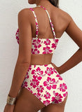 Women’s One-Shoulder High-Waist Bikini Set with Floral Print & Tummy Control