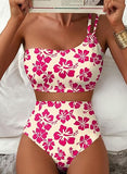 Women’s One-Shoulder High-Waist Bikini Set with Floral Print & Tummy Control