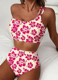 Women’s One-Shoulder High-Waist Bikini Set with Floral Print & Tummy Control