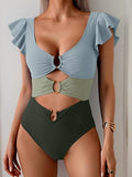 Women's Colorful Ruffle Sleeve V-Neck One-Piece Swimsuit