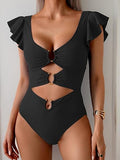 Women's Colorful Ruffle Sleeve V-Neck One-Piece Swimsuit