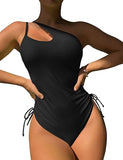 Women’s One Shoulder One Piece Swimsuit with Drawstring and Tummy Control