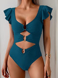 Women's Colorful Ruffle Sleeve V-Neck One-Piece Swimsuit
