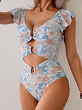 Women's Colorful Ruffle Sleeve V-Neck One-Piece Swimsuit