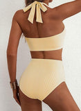 Women’s High-Waisted Halter Bikini Set with Striped Patch Pocket Design