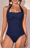 Women’s Vintage Halter One-Piece Swimsuit with Scallop Trim & Tummy Control