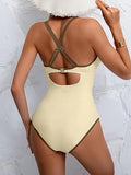 Women’s V-Neck One-Piece Swimsuit with Double Straps & Crisscross Back
