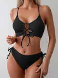 Women’s Color-Block Bikini Set with Tie-Front Top & High-Waist Bottoms
