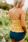Women’s Peplum Tankini Swimsuit in Mustard Daisy Print