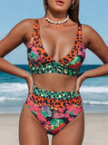 Women’s Leopard Print High-Waisted Bikini Set with V-Neck Top