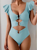 Women's Colorful Ruffle Sleeve V-Neck One-Piece Swimsuit