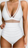Push Up One Piece Swimsuit with Mesh Panel  Sexy High Waisted Bathing Suit