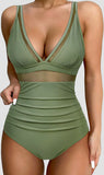 Push Up One Piece Swimsuit with Mesh Panel  Sexy High Waisted Bathing Suit