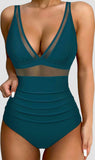 Push Up One Piece Swimsuit with Mesh Panel  Sexy High Waisted Bathing Suit