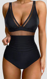Push Up One Piece Swimsuit with Mesh Panel  Sexy High Waisted Bathing Suit