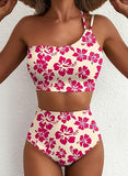 Women’s One-Shoulder High-Waist Bikini Set with Floral Print & Tummy Control