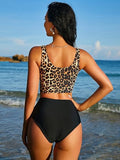 Women’s High Waisted Tankini Set with Scoop Neck and Knot Detail