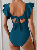 Women's Colorful Ruffle Sleeve V-Neck One-Piece Swimsuit
