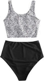 Women’s High Waisted Tankini Set with Scoop Neck and Knot Detail