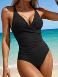 Women’s Ruched V-Neck One-Piece Swimsuit with Tummy Control