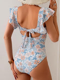 Women's Colorful Ruffle Sleeve V-Neck One-Piece Swimsuit