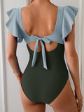 Women's Colorful Ruffle Sleeve V-Neck One-Piece Swimsuit