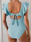 Women's Colorful Ruffle Sleeve V-Neck One-Piece Swimsuit