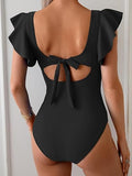 Women's Colorful Ruffle Sleeve V-Neck One-Piece Swimsuit