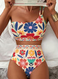 Women’s One-Shoulder High-Waist Bikini Set with Floral Print & Tummy Control