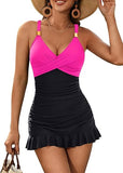 Women's V Neck One Piece Swimsuit Tummy Control Swim Dress with Ruffle Skirt