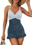 Women's V Neck One Piece Swimsuit Tummy Control Swim Dress with Ruffle Skirt