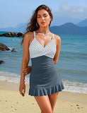 Women's V Neck One Piece Swimsuit Tummy Control Swim Dress with Ruffle Skirt