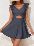 Ruffle Trim One Piece Swim Dress  V-Neck Wrap Swimsuit with Tummy Control